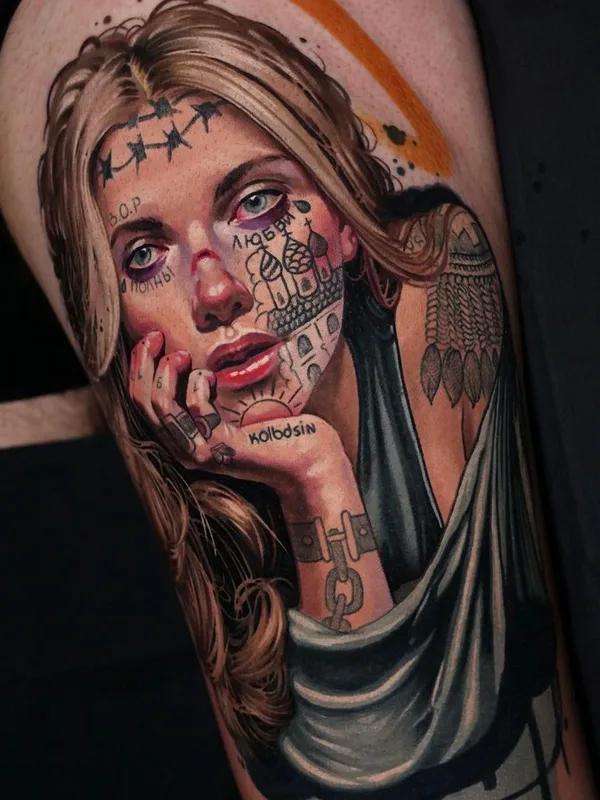 female color realism tattoo on thigh #65184 | Tattoo Artist Андрей Колбасин