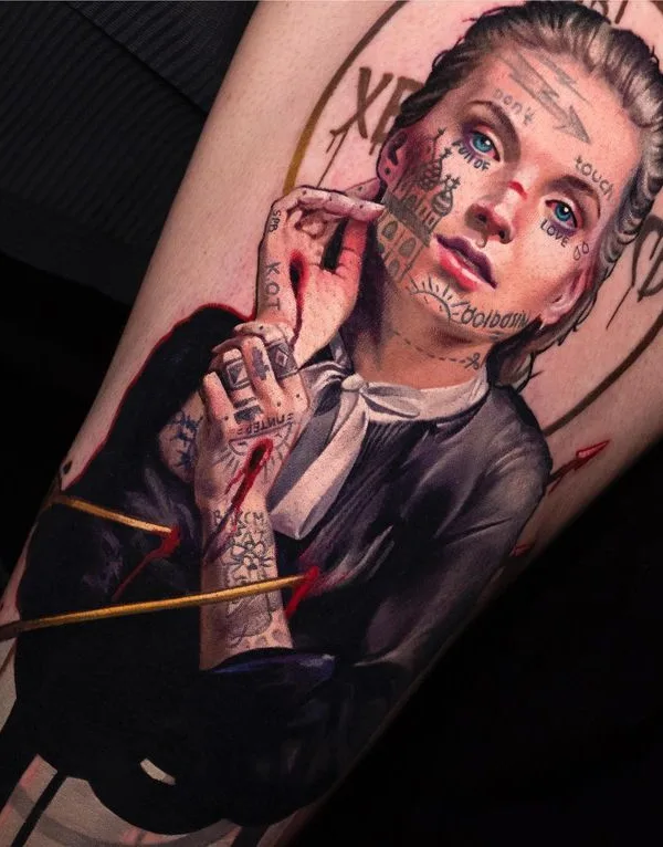female color realism tattoo on thigh #65177 | Tattoo Artist Андрей Колбасин