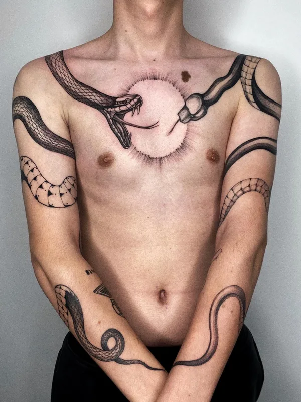 male black linework татуировка на chest #65196 | Тату мастер Эля Вечер
