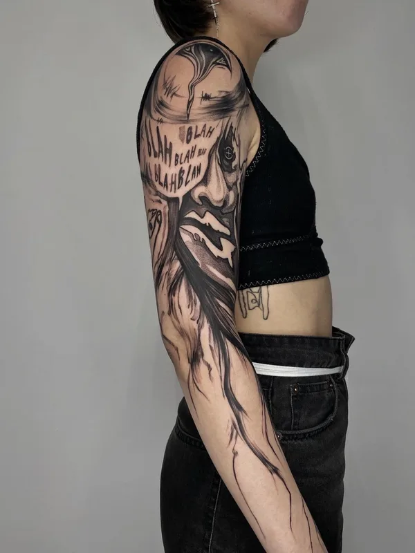 female black and grey sketch татуировка на full sleeve #65198 | Тату мастер Эля Вечер