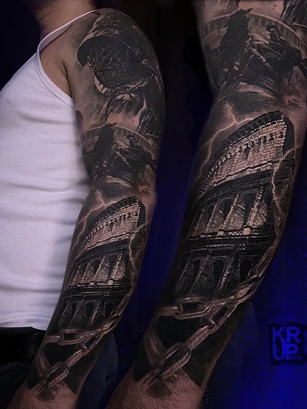 male black and grey realism татуировка на full sleeve #65213 | Тату мастер Макс Круп