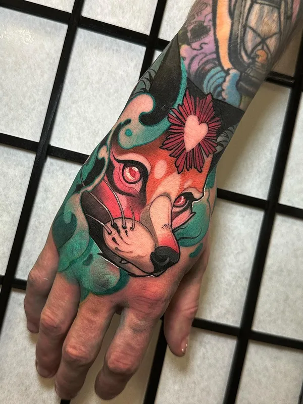 color illustrative tattoo on back of hand #65230 | Tattoo Artist Kenni Poke