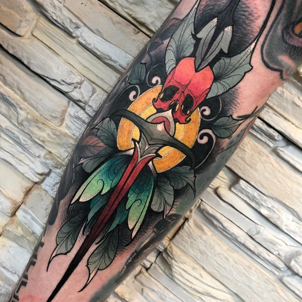 Neo Traditional Skull, Leaves tattoo on Forearm