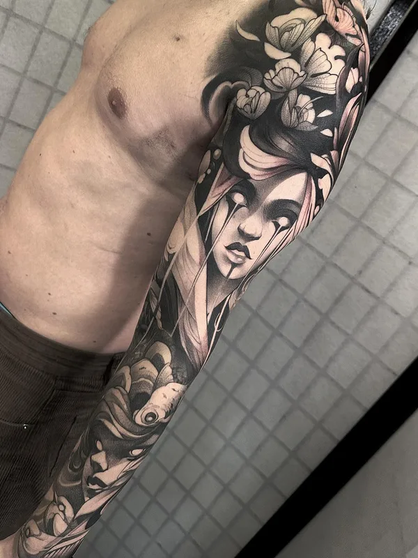 male black and grey black and grey tattoo on full sleeve #65227 | Tattoo Artist Kenni Poke