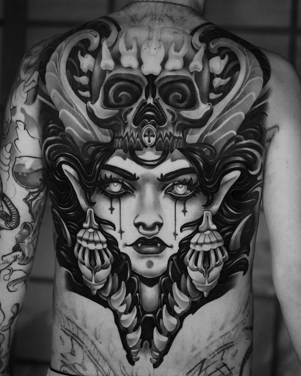 Black & Grey Skull, Portrait tattoo on Full Back