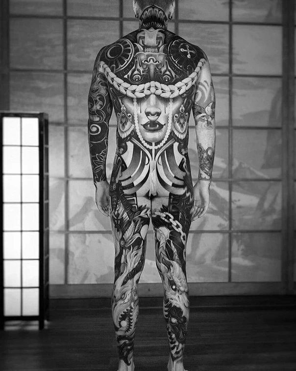 Blackwork Face, Geometric tattoo on Full body