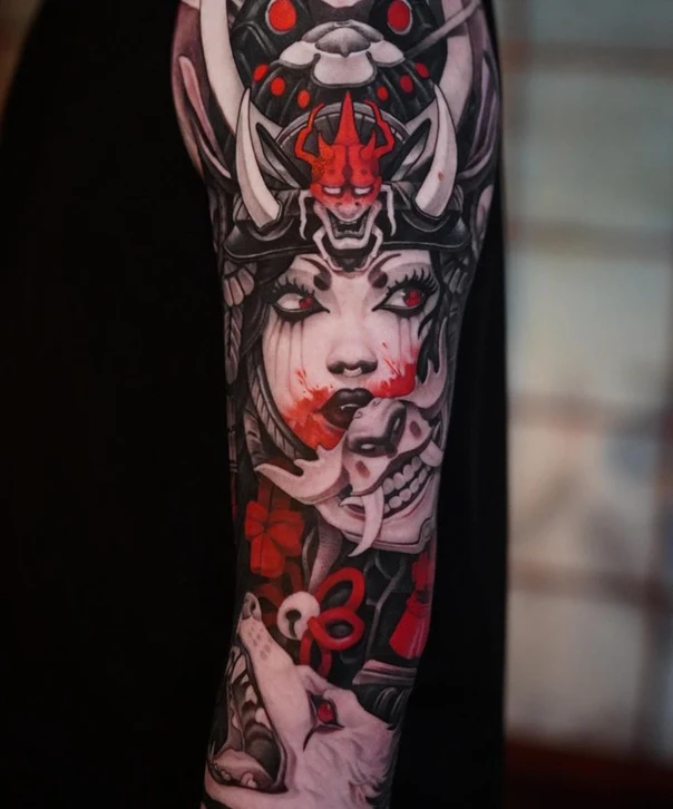 Neo Traditional Samurai, Demon tattoo on Full Sleeve