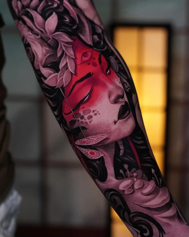 Illustrative Face, Floral tattoo on Forearm