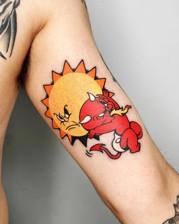 Cartoon Sun, Devil tattoo on Forearm