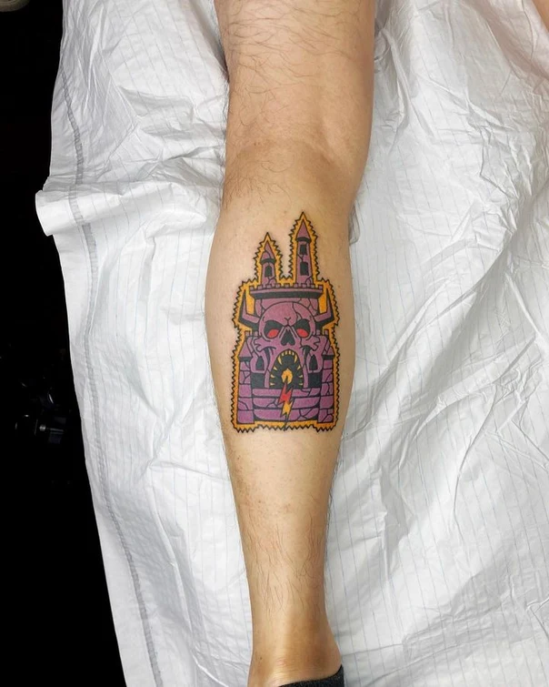 New School Skull, Castle tattoo on Calf