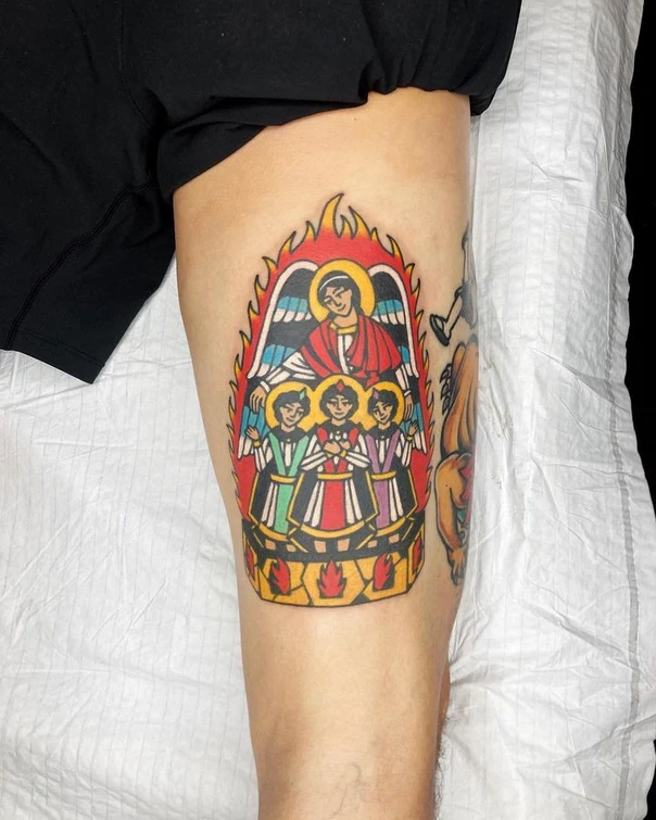 Traditional Angel, Religious tattoo on Thigh