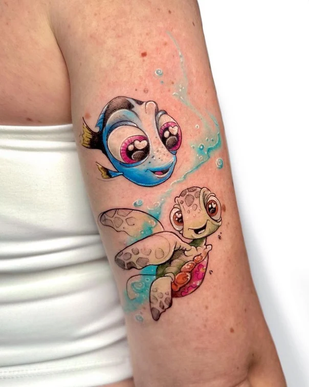 Cartoon Fish, Turtle tattoo on Forearm