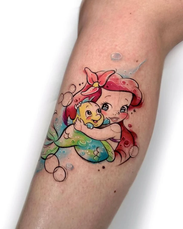 Watercolor Ariel, Flounder tattoo on Forearm