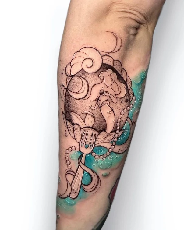 Illustrative Mermaid, Pearls tattoo on Forearm
