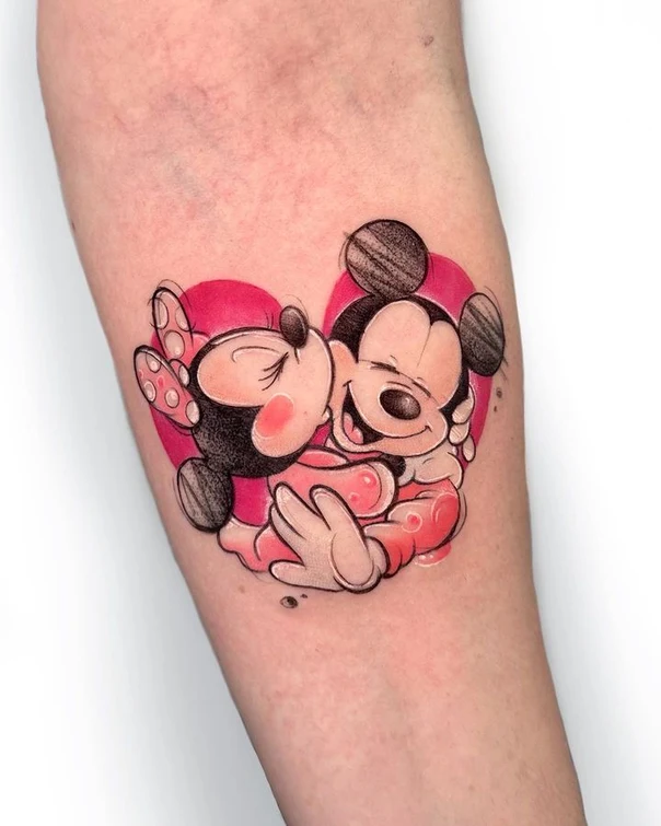 Cartoon Mickey mouse, Minnie mouse tattoo on Forearm