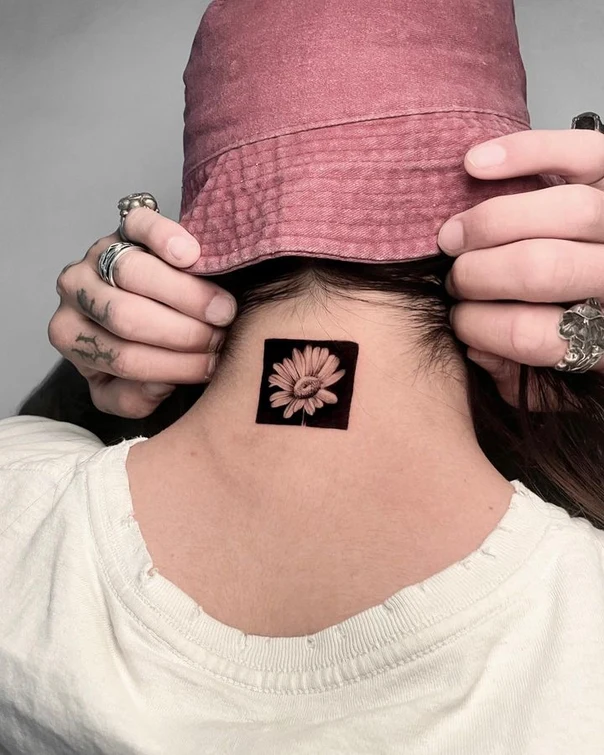 Black & Grey Flower tattoo on Back of Neck