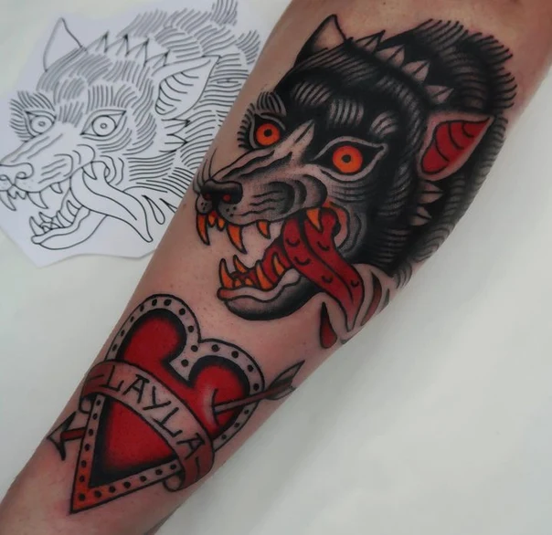 Old School Wolf, Heart tattoo on Forearm