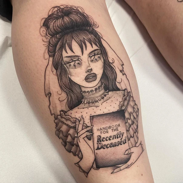 Black & Grey Portrait, Book tattoo on Calf
