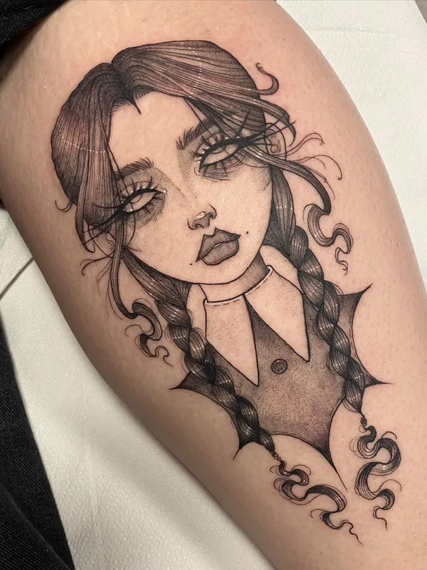 black and grey illustrative татуировка на thigh #65451 | Тату мастер Skunkzzy