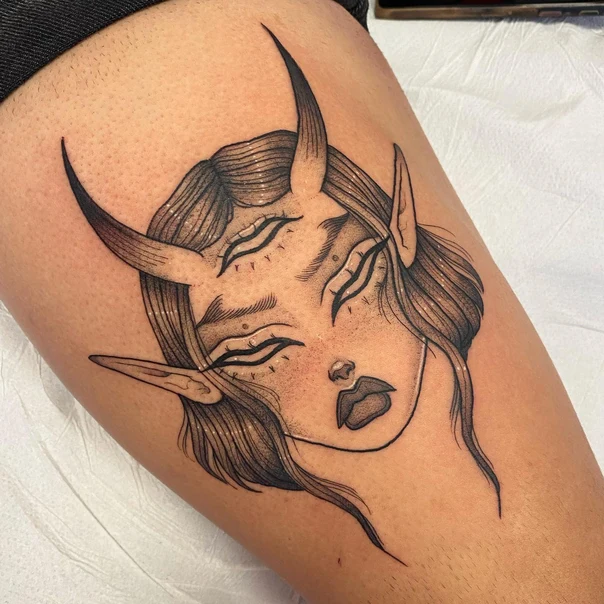 Blackwork Demon, Face tattoo on Thigh