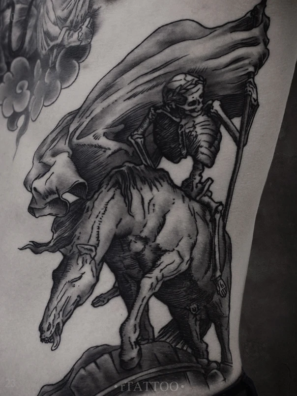 Блэкворк Skeleton, Horse tattoo на Предплечье