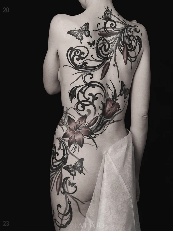 Орнаментальная Flowers, Butterflies tattoo на Спина (полная)