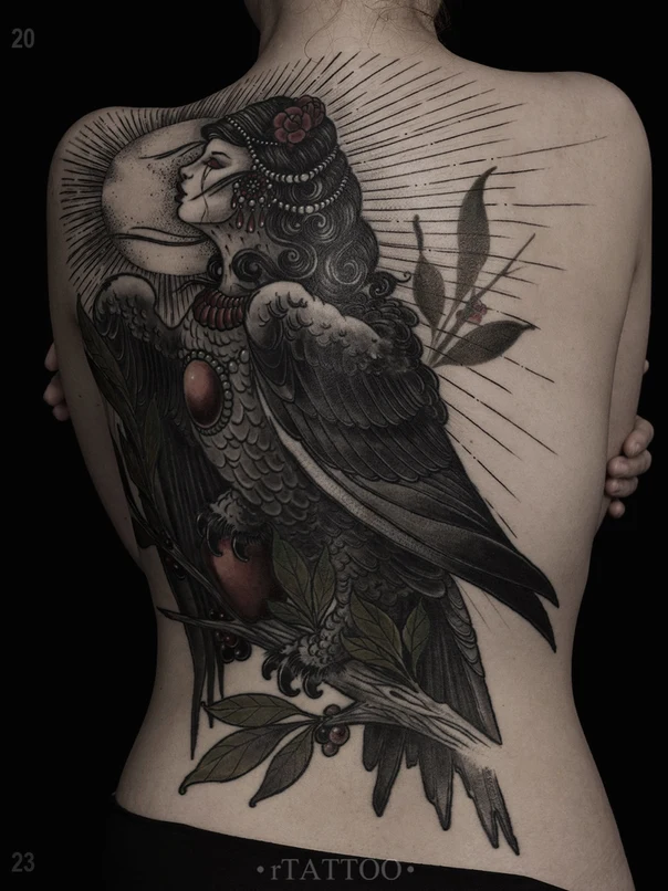 Чёрно-серая Bird, Woman tattoo на Спина (полная)