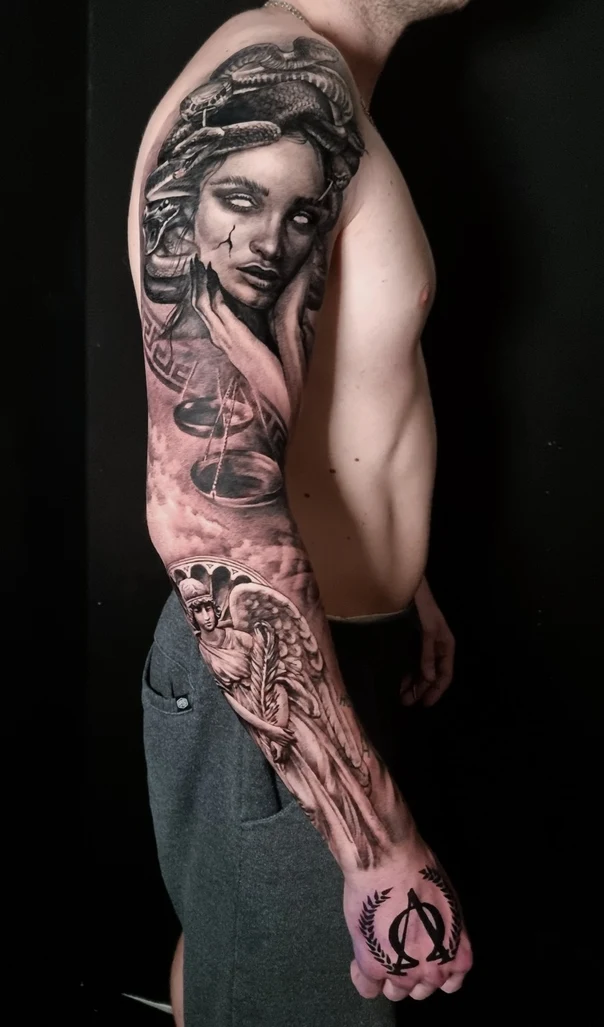 Black & Grey Medusa, Angel tattoo on Full Sleeve