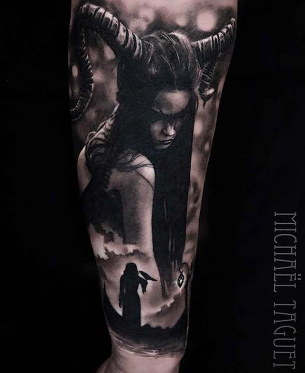Black & Grey Demon, Fantasy tattoo on Forearm