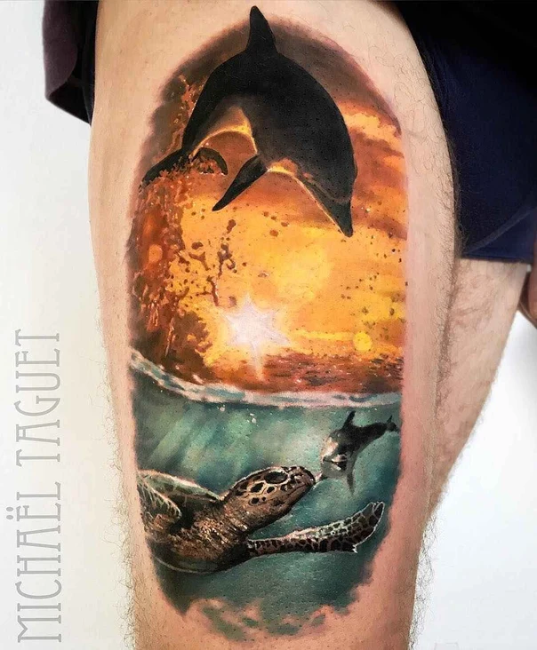 Realism Dolphin, Turtle tattoo on Thigh