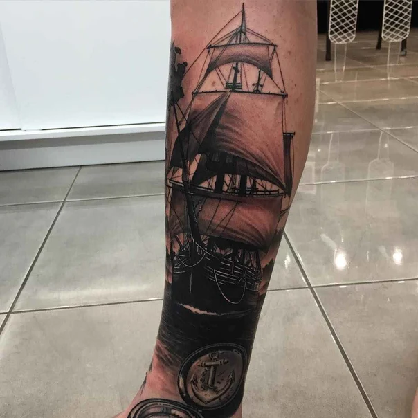Black & Grey Ship, Anchor tattoo on Calf