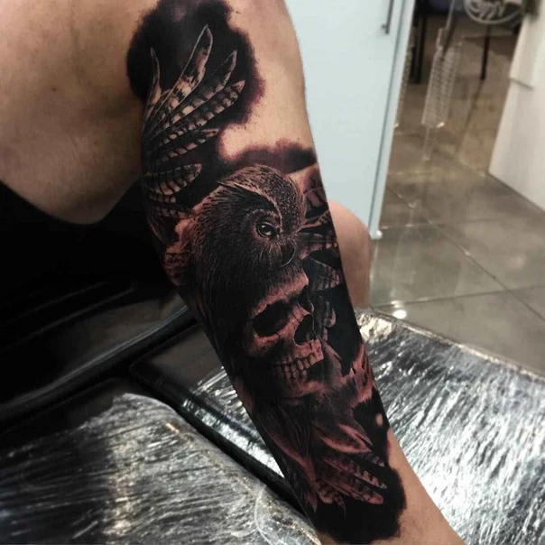 Black & Grey Skull, Owl tattoo on Forearm