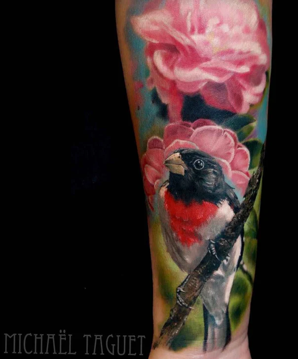 Realism Bird, Flower tattoo on Forearm
