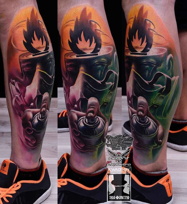 Realism Fire, Spray can tattoo on Calf