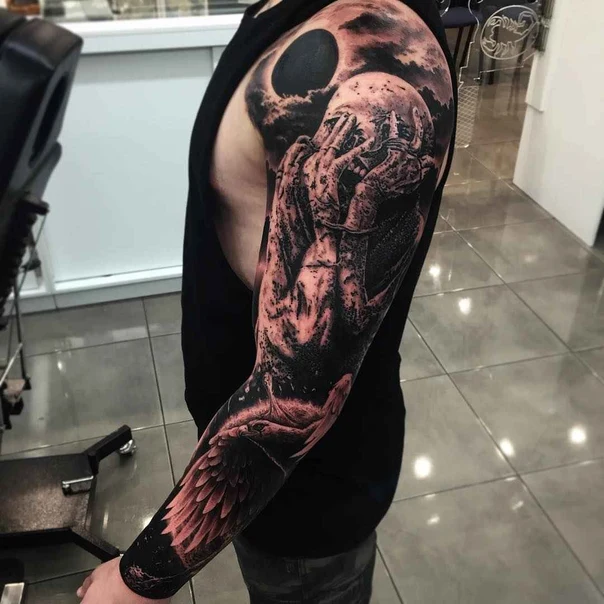 Black & Grey Skull, Wings tattoo on Full Sleeve