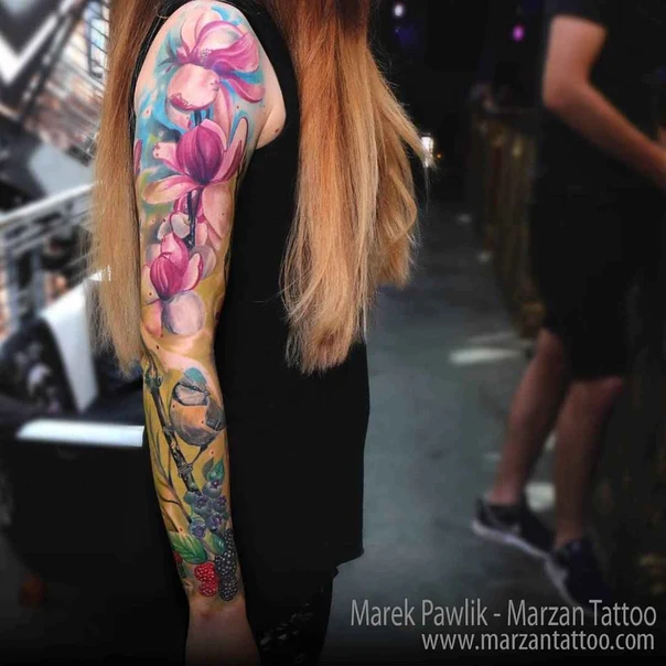 Watercolor Flowers, Bird tattoo on Full Sleeve