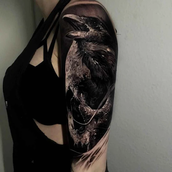 Realism Raven, Skull tattoo on Full Sleeve