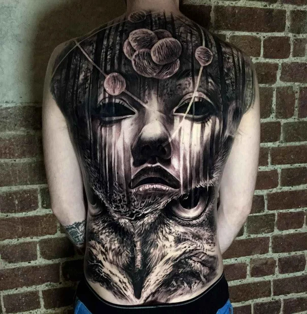 Realism Face, Forest tattoo on Full Back