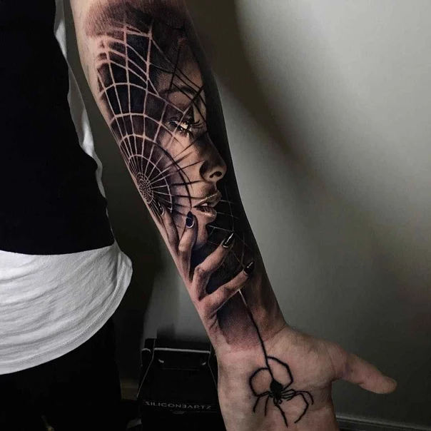 Realism Spider, Spiderweb tattoo on Forearm