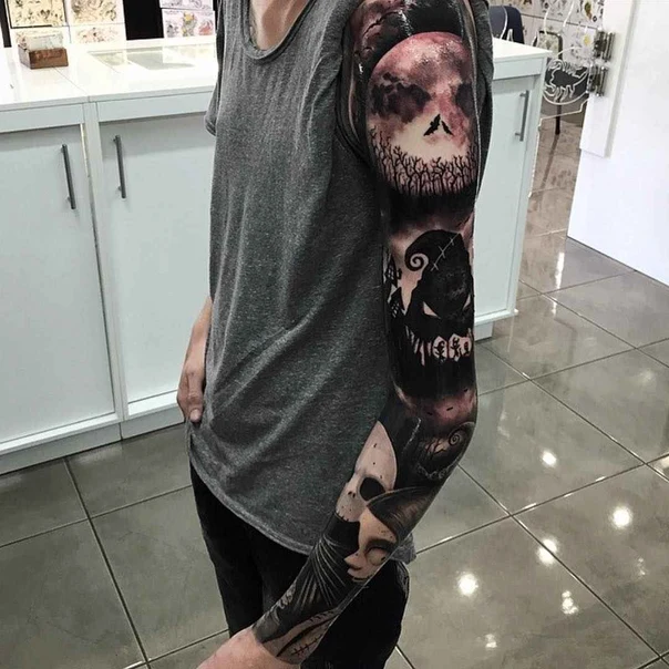 Black & Grey Moon, Skull tattoo on Full Sleeve