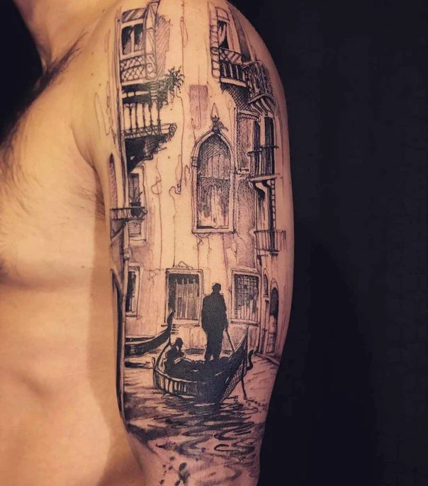 Sketch Architecture, Gondola tattoo on Upper Arm