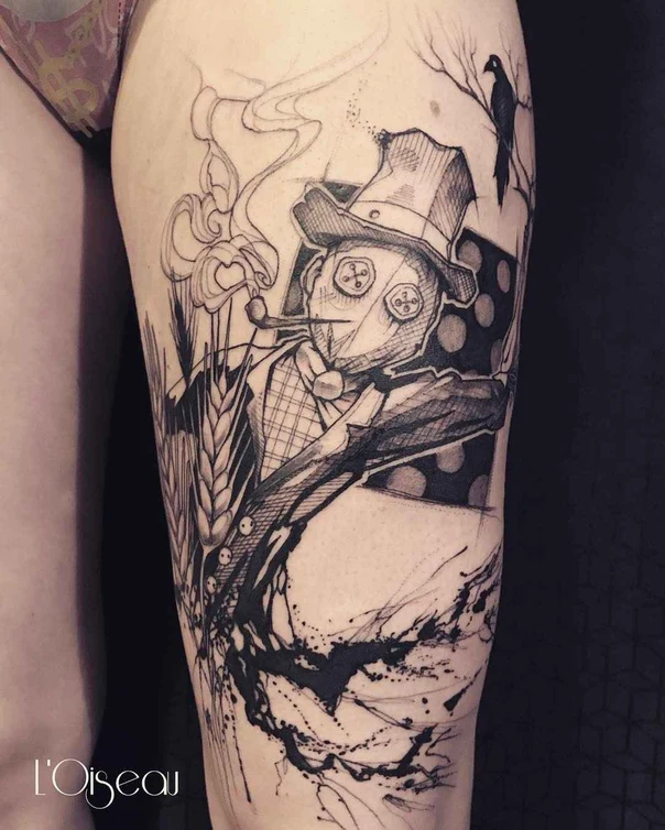Sketch Scarecrow, Crow tattoo on Thigh