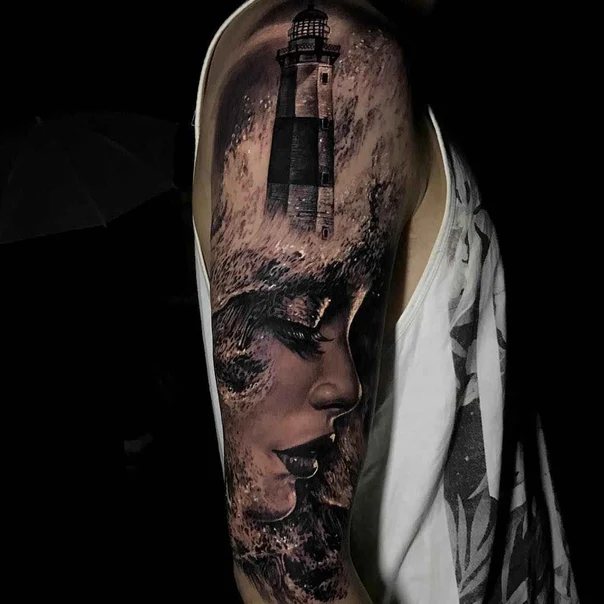 Realism Lighthouse, Portrait tattoo on Full Sleeve