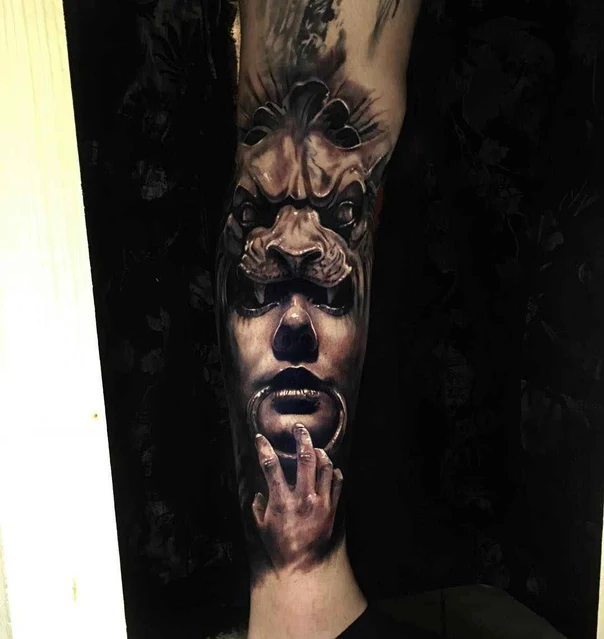 Realism Face, Lion tattoo on Forearm