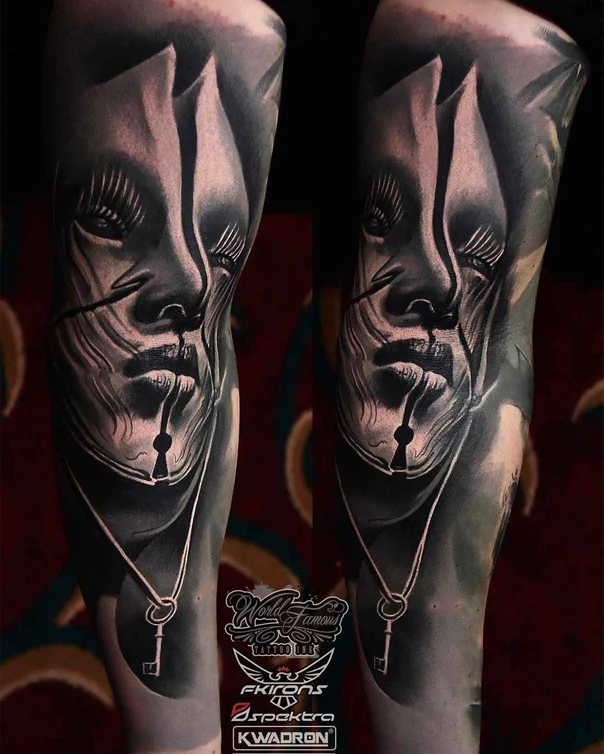 Black & Grey Face, Key tattoo on Full Sleeve