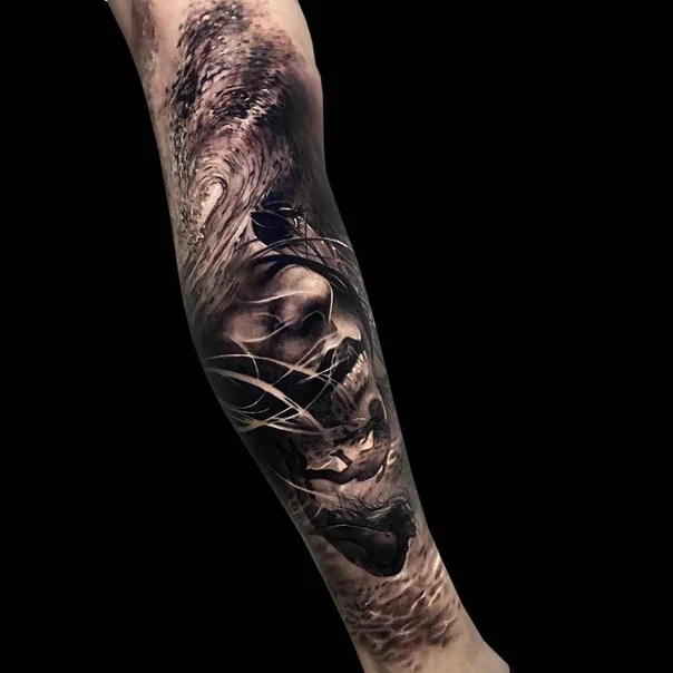 Realism Face, Wave tattoo on Forearm