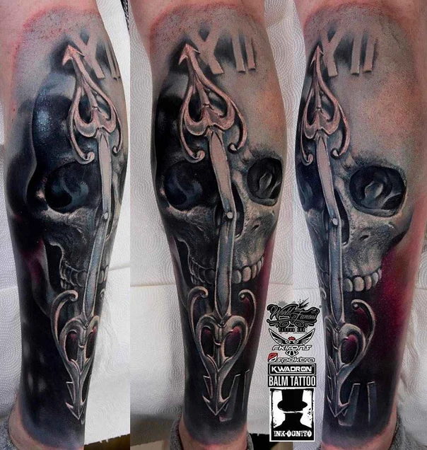 Realism Skull, Sword tattoo on Calf