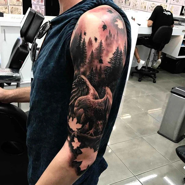 Realism Eagle, Forest tattoo on Full Sleeve