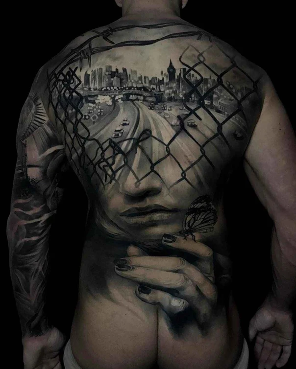 Realism Cityscape, Portrait tattoo on Full Back