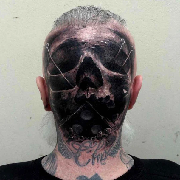 Blackwork Skull, Lettering tattoo on Back of Neck